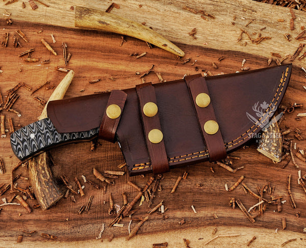 Hand-Forged Damascus Bushcraft Knife – Grey Micarta Handle, Full-Tang Fixed Blade with Leather Sheath