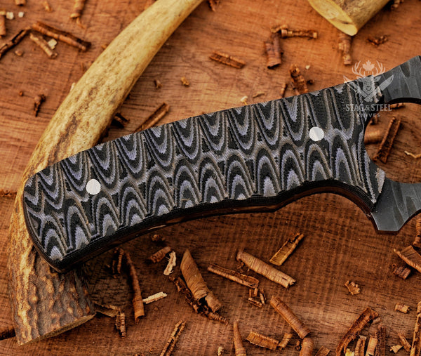 Custom D2 Tracker knife | Full Tang | Grey Micarta Handle | Bushcraft Tool + Leather Sheath