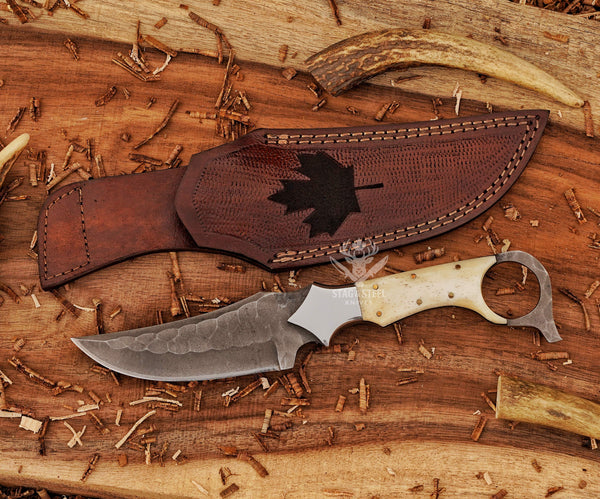 Custom Ringtail Hunting Knife – D2 Blade with Maple leaf Engraved sheath
