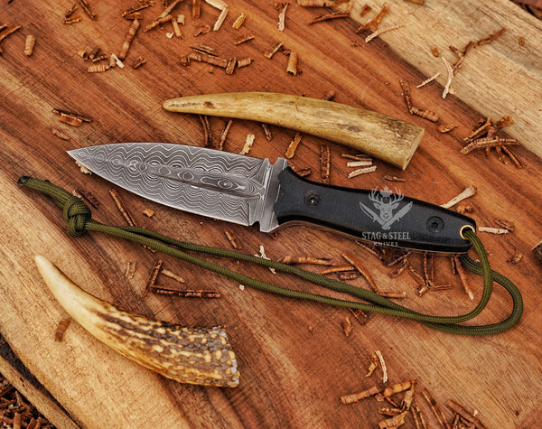 Damascus Steel Boar Hunting Knife – Hand Forged Survival Blade with Black Micarta Handle & Leather Sheath