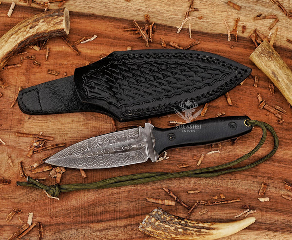 Damascus Steel Boar Hunting Knife – Hand Forged Survival Blade with Black Micarta Handle & Leather Sheath
