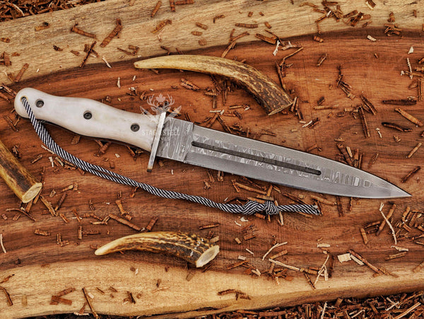 Big Dagger – Damascus Stainless Steel Boar Hunting Knife with Beige Micarta Handle