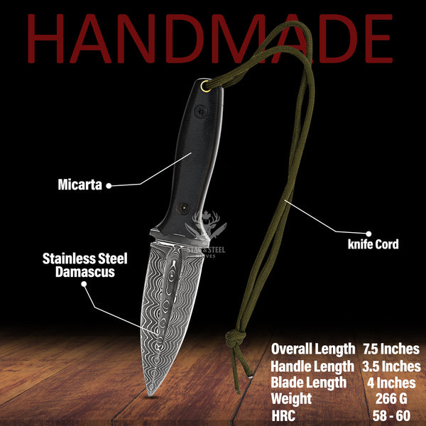 Damascus Steel Boar Hunting Knife – Hand Forged Survival Blade with Black Micarta Handle & Leather Sheath