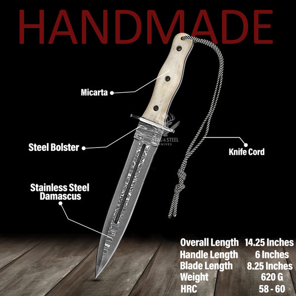 Big Dagger – Damascus Stainless Steel Boar Hunting Knife with Beige Micarta Handle