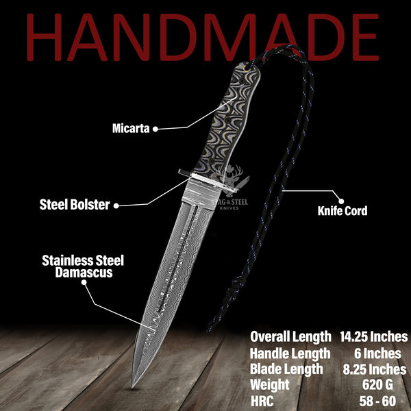 Big Dagger – Damascus Stainless Steel Boar Hunting Knife with Black Micarta Handle