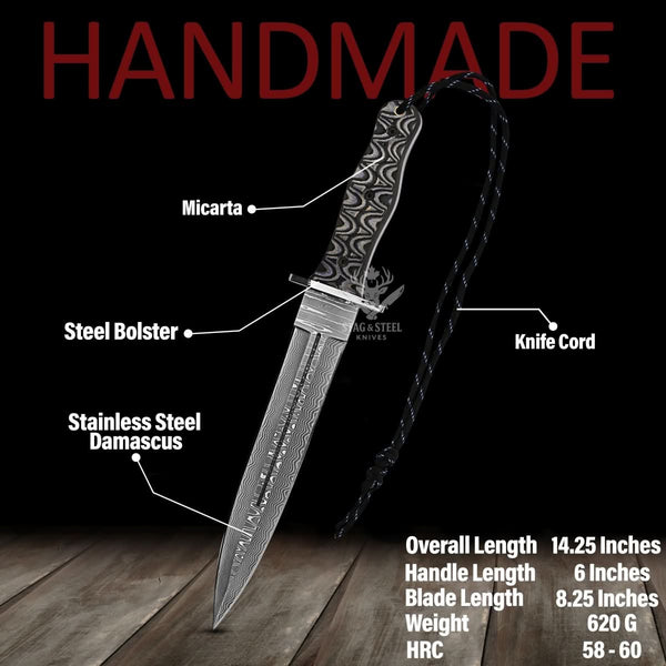 Damascus boar hunting knife featuring black micarta handle – large fixed-blade dagger