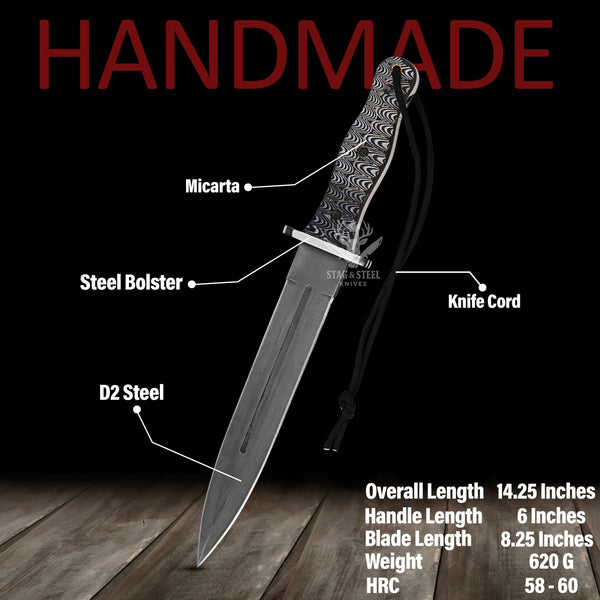 Big Dagger – D2 Steel Boar Hunting Knife with Black Micarta Handle