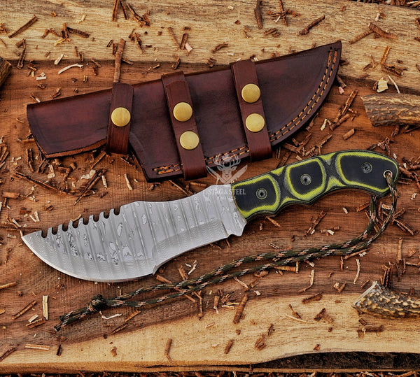Custom Tracker Knife – Tom Brown-Inspired Stainless Steel Damascus,Green Micarta Handle, Dual-Wear Leather Sheath