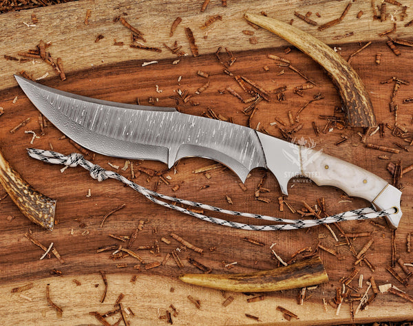 Handmade Damascus Bowie Knife – 8” Hunting Blade with White Micarta Handle + Leather Sheath