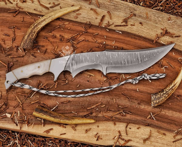 Handmade Damascus Bowie Knife With White Micarta Handle