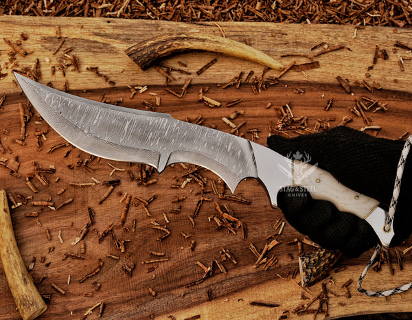 Handmade Damascus Bowie Knife – 8” Hunting Blade with White Micarta Handle + Leather Sheath