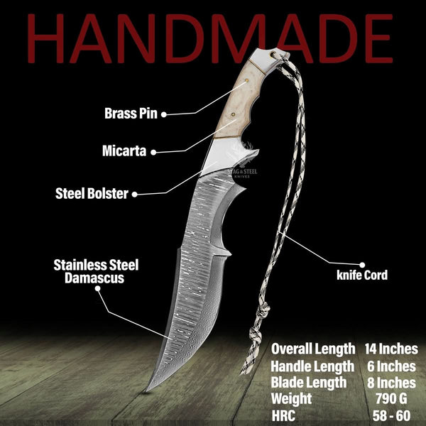 Handmade Damascus Bowie Knife – 8” Hunting Blade