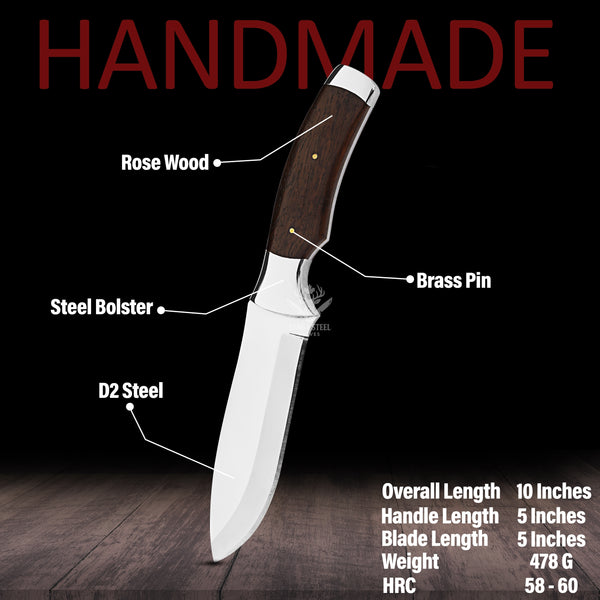 D2 Steel Bushcraft Knife: Mirror Polish Blade, Ironwood Handle