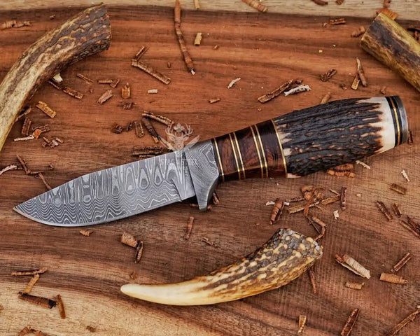 Custom Damascus Small Hunting Knife with Damascus Guard – Handmade Premium Blade