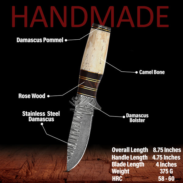 Custom Damascus Hunting Knife: Rosewood, Camel Bone Handle