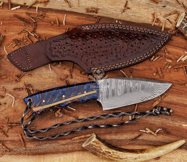 Handmade Skinning Knife – Blue Pinecone Handle – Big Game Hunting & Deer Processing knife Gift