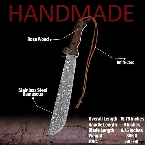 Handmade Machete Knife- Damascus Steel Full Tang Bushcraft blade
