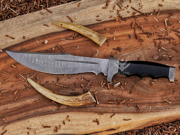 Handmade Damascus Bowie Knife – Brown Micarta Handle – Hunting & Collectible Gift Knife