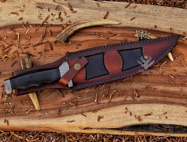 Handmade Damascus Bowie Knife – Brown Micarta Handle – Hunting & Collectible Gift Knife