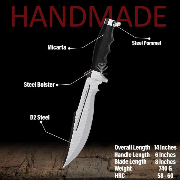 Large bowie knife - Hand Forged D2 Steel fixed blade with Micarta Handle