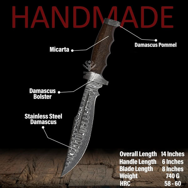 Hunting Bowie Knife - Damascus Fixed Blade Best Gift Knife