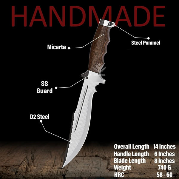 Large bowie knife - Hand Forged D2 Steel fixed blade with Micarta Handle