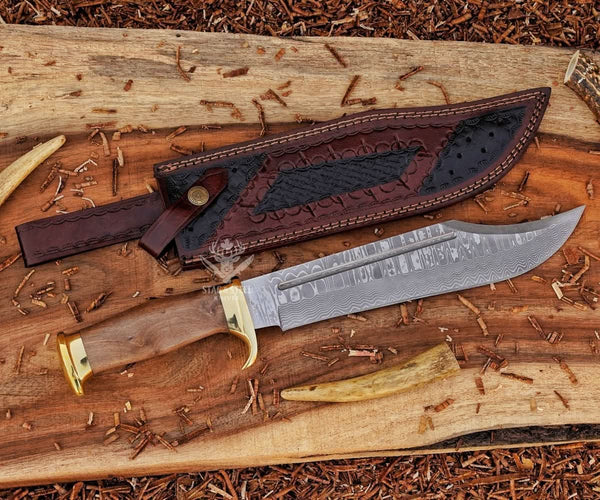 Damascus Crocodile Dundee Bowie Knife With Walnut Wood Handle