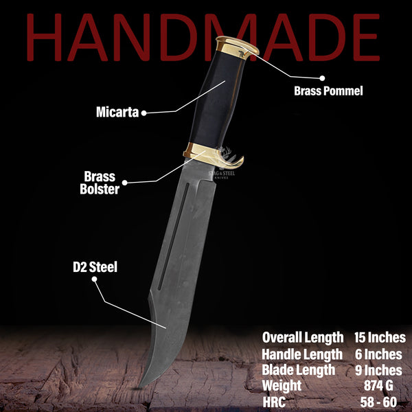 Custom Dundee Bowie Knife – Handmade Survival D2 steel Knife with Black Micarta Handle & Sheath