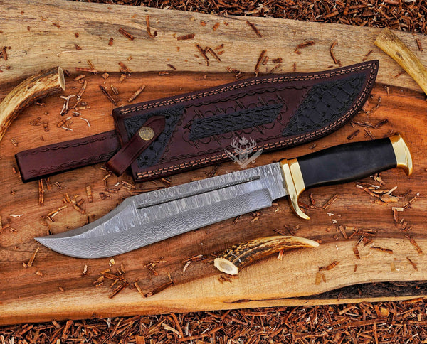Handmade Damascus Bowie Hunting Knife: Black Micarta Handle, Leather Sheath