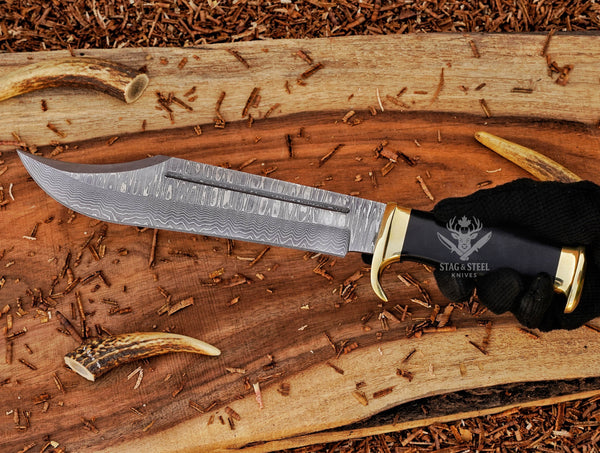 Handmade Damascus Bowie Hunting Knife: Black Micarta Handle, Leather Sheath