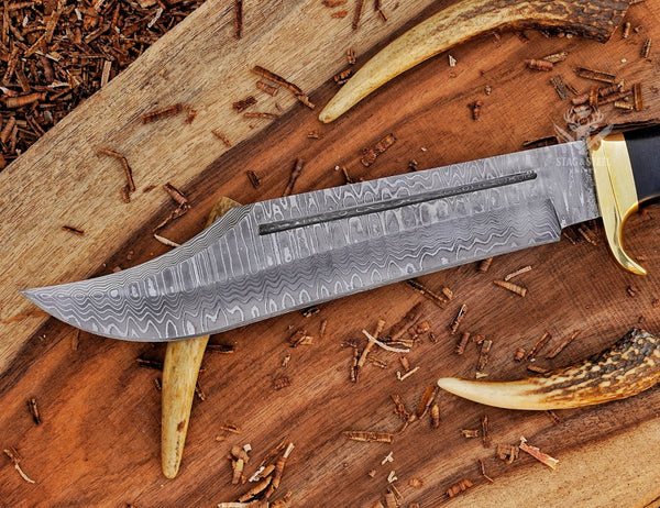 Handmade Damascus Bowie Hunting Knife: Black Micarta Handle, Leather Sheath