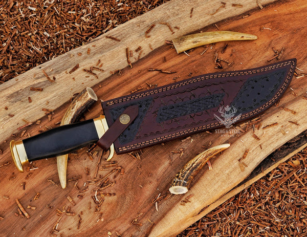Handmade Damascus Bowie Hunting Knife: Black Micarta Handle, Leather Sheath