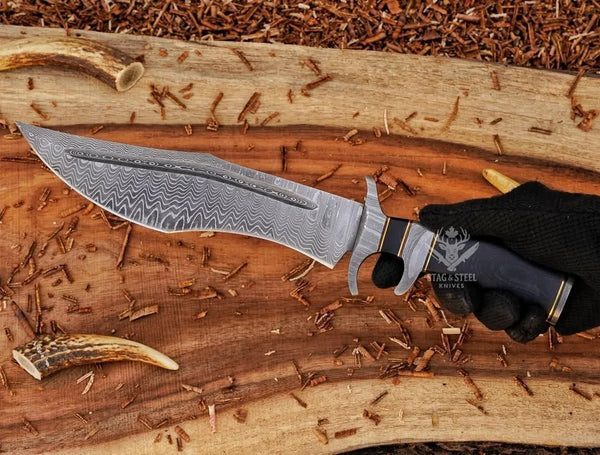 Damascus Steel bowie knife with finger guard- micarta handle