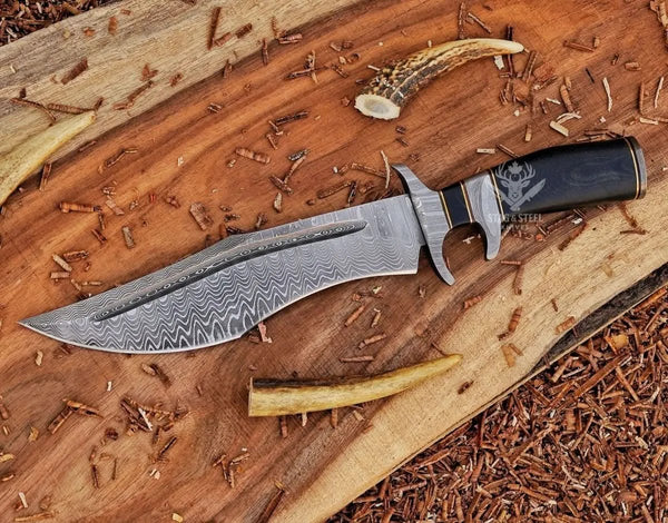 Damascus Steel bowie knife with finger guard- micarta handle