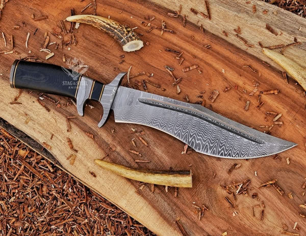 Damascus Steel bowie knife with finger guard- micarta handle
