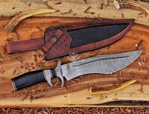Handmade Damascus Bowie Knife: Stainless Steel Blade, Black Micarta Handle