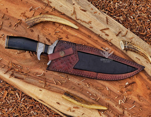 Handmade Damascus Bowie Knife: Stainless Steel Blade, Black Micarta Handle