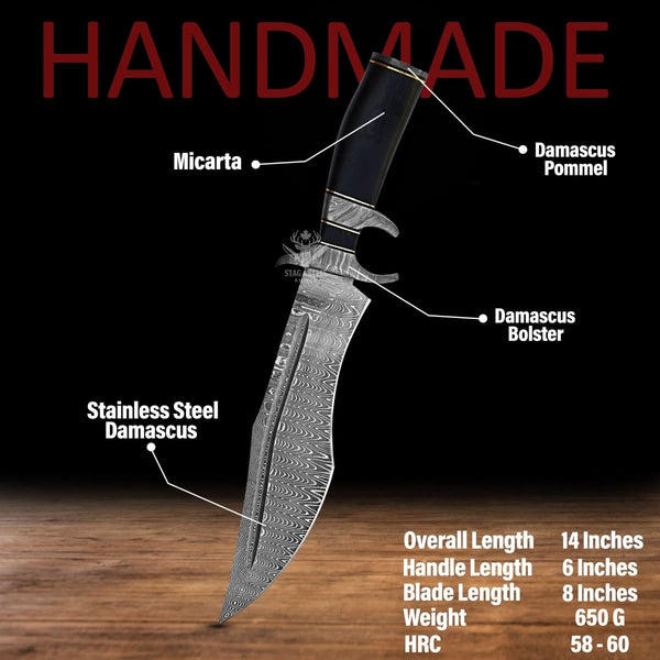 Damascus Steel bowie knife with finger guard- micarta handle