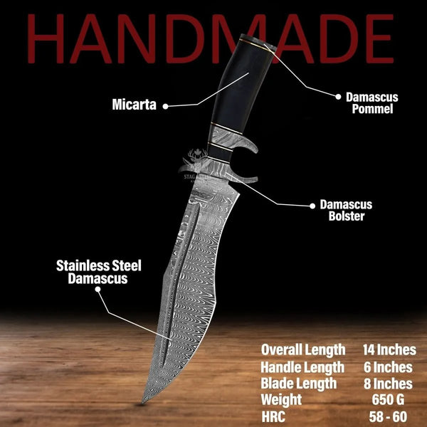 Damascus Steel bowie knife with finger guard- micarta handle