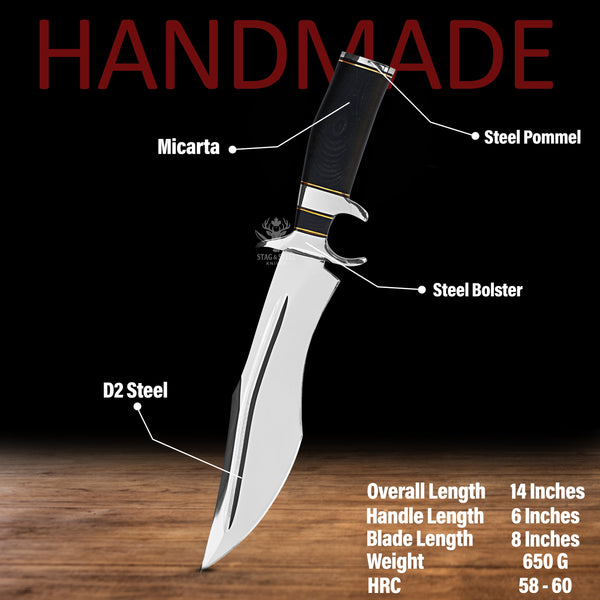 D2 Steel Bowie Knife: High Carbon Outdoor Survival Knife Handle Black Micarta with Leather Sheath