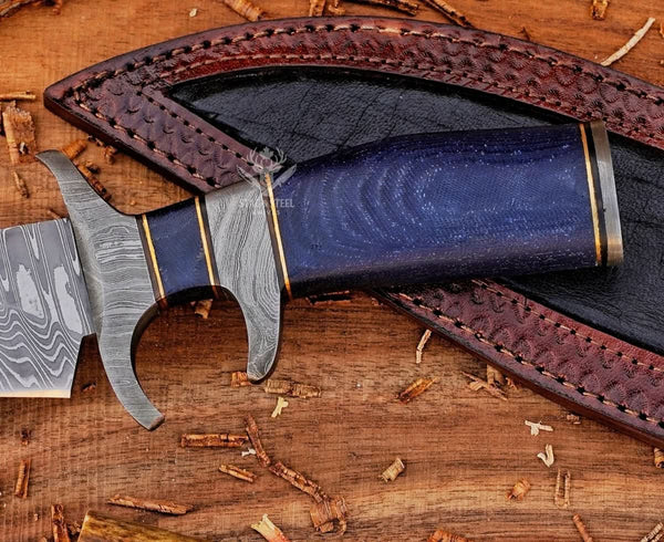 Damascus Steel bowie knife with finger guard- micarta handle