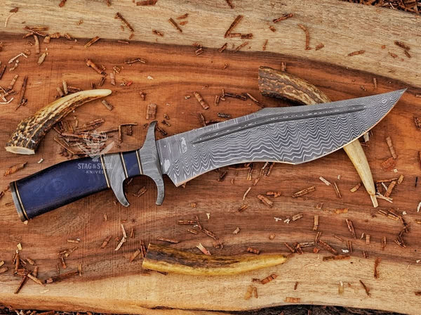 Damascus Steel bowie knife with finger guard- micarta handle