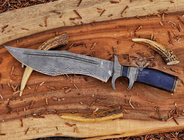 Damascus Steel bowie knife with finger guard- micarta handle