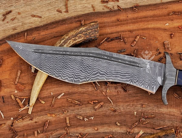 Damascus Steel bowie knife with finger guard- micarta handle