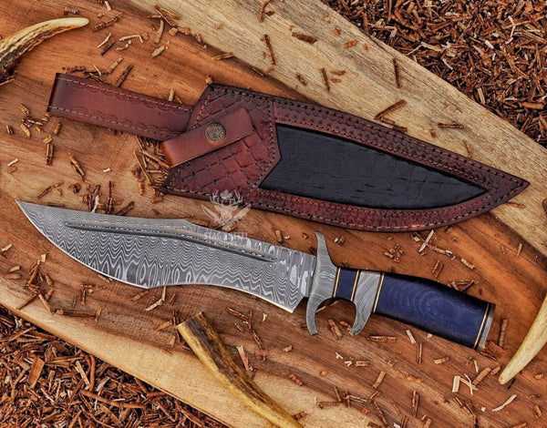 Damascus Steel bowie knife with finger guard- micarta handle
