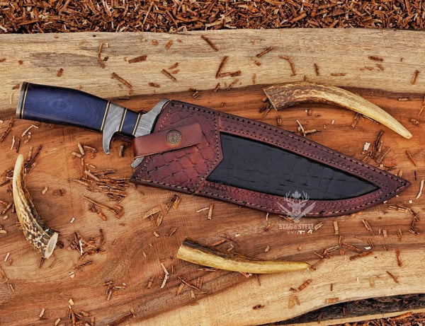 Damascus Steel bowie knife with finger guard- micarta handle