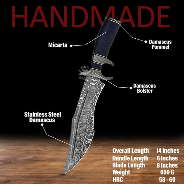 Damascus Steel bowie knife with finger guard- micarta handle