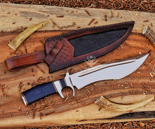 D2 Steel Bowie Knife: High Carbon Outdoor Survival Knife Handle Blue Micarta with Leather Sheath