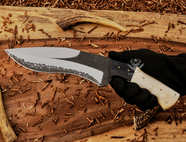 D2 Steel Handmade Damascus Bowie Knife: Camel Bone Handle, Leather Sheath