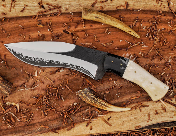 D2 Steel Handmade Damascus Bowie Knife: Camel Bone Handle, Leather Sheath